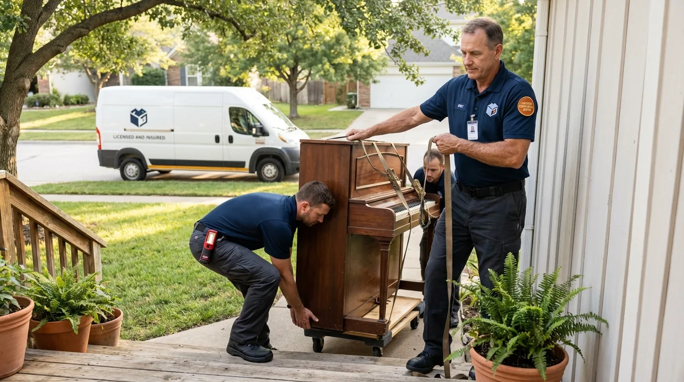 Licensed piano movers securing grand piano in Burlington, IA