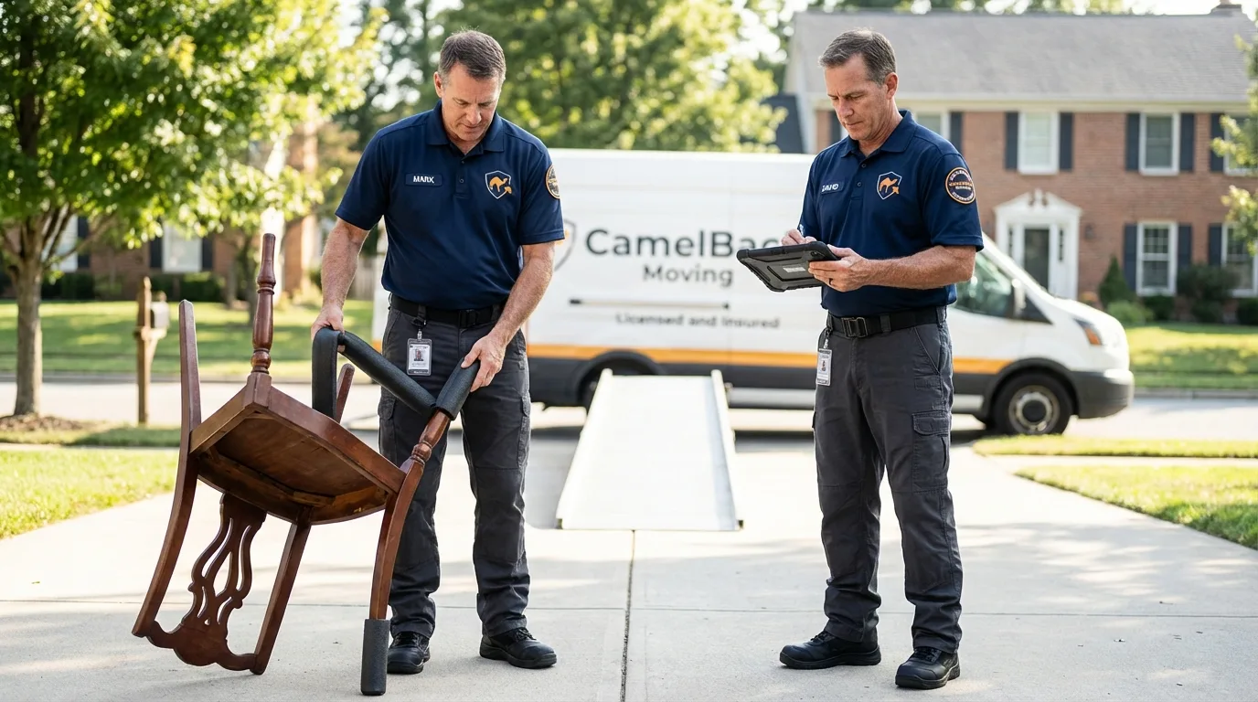 Movers inspecting furniture for damage prevention before loading in Burlington, IA