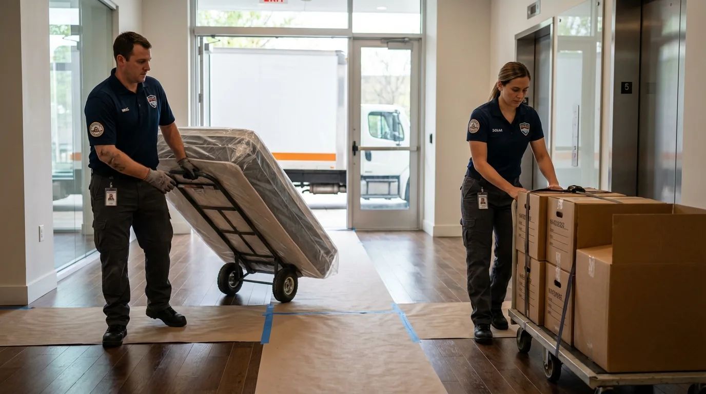 Professional apartment movers loading elevator in Burlington, IA